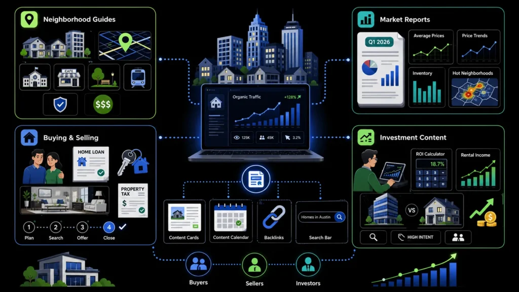 Real estate content marketing strategy featuring neighborhood guides, market reports, buying and selling guides, and property investment content.