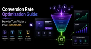 Conversion rate optimization guide showing a customer funnel, landing page improvements, A/B testing, higher conversions, and revenue growth