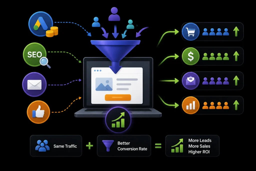 Conversion rate optimization turning the same website traffic into more leads, sales, customers, and higher ROI