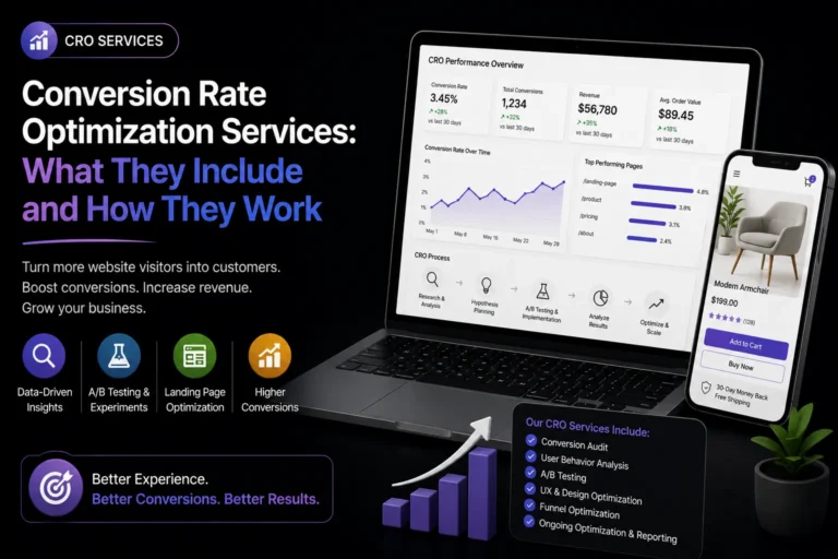 Conversion rate optimization services covering CRO audits, user behavior analysis, A/B testing, landing page optimization, and reporting.