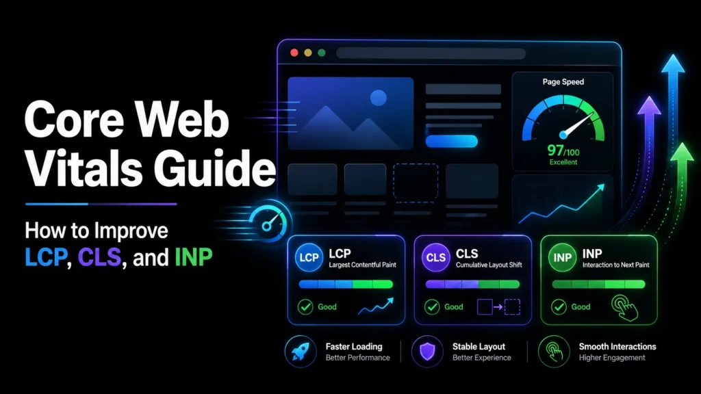 Core Web Vitals guide showing how to improve LCP, CLS, and INP for faster loading, stable layouts, and smoother website interactions