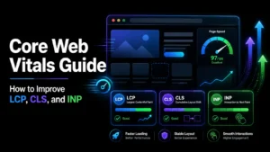 Core Web Vitals guide showing how to improve LCP, CLS, and INP for faster loading, stable layouts, and smoother website interactions