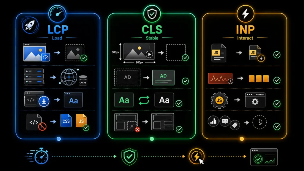 Core Web Vitals optimization guide showing techniques to improve LCP, CLS, and INP for faster, stable, and responsive web pages