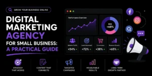 Digital marketing agency for small business guide featuring strategy, engaging content, targeted campaigns, measurable results and long-term growth.