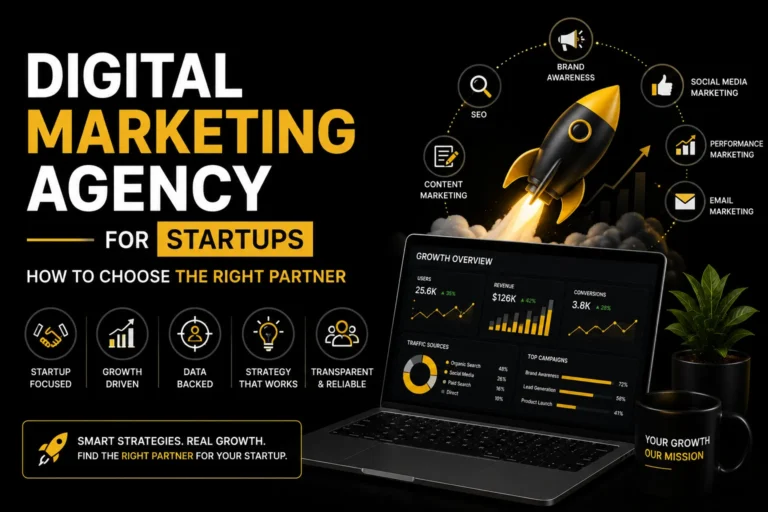 Digital marketing agency for startups guide featuring SEO, content marketing, social media, email marketing, brand awareness, and performance growth