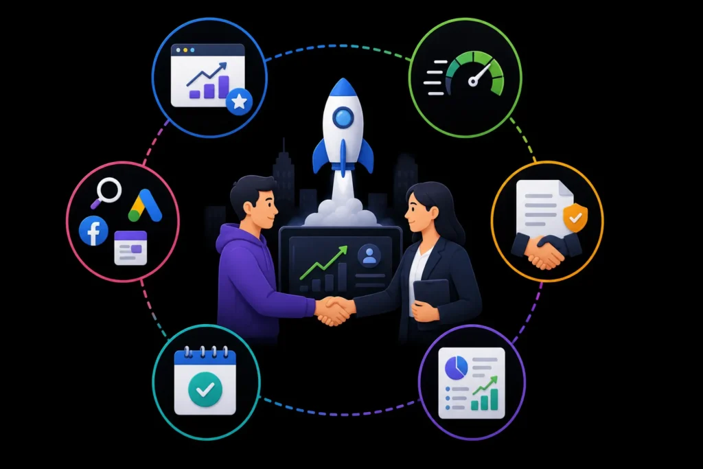 Digital marketing agency partnership focused on paid advertising, performance, reporting, timelines, and business growth