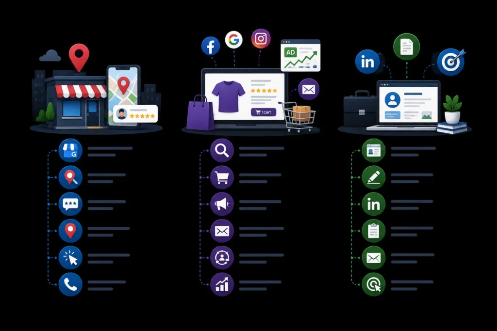 Digital marketing channels for small businesses, including local SEO, ecommerce marketing, social media, paid advertising, content and B2B lead generation.