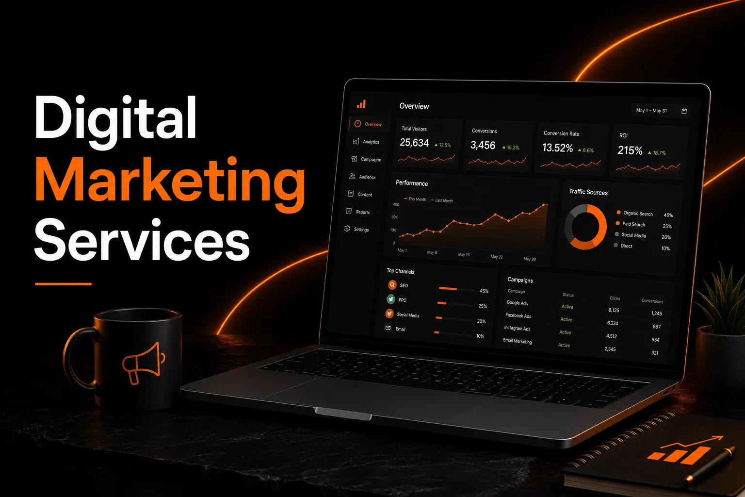 Digital marketing services dashboard displayed on a laptop with a premium black and orange background