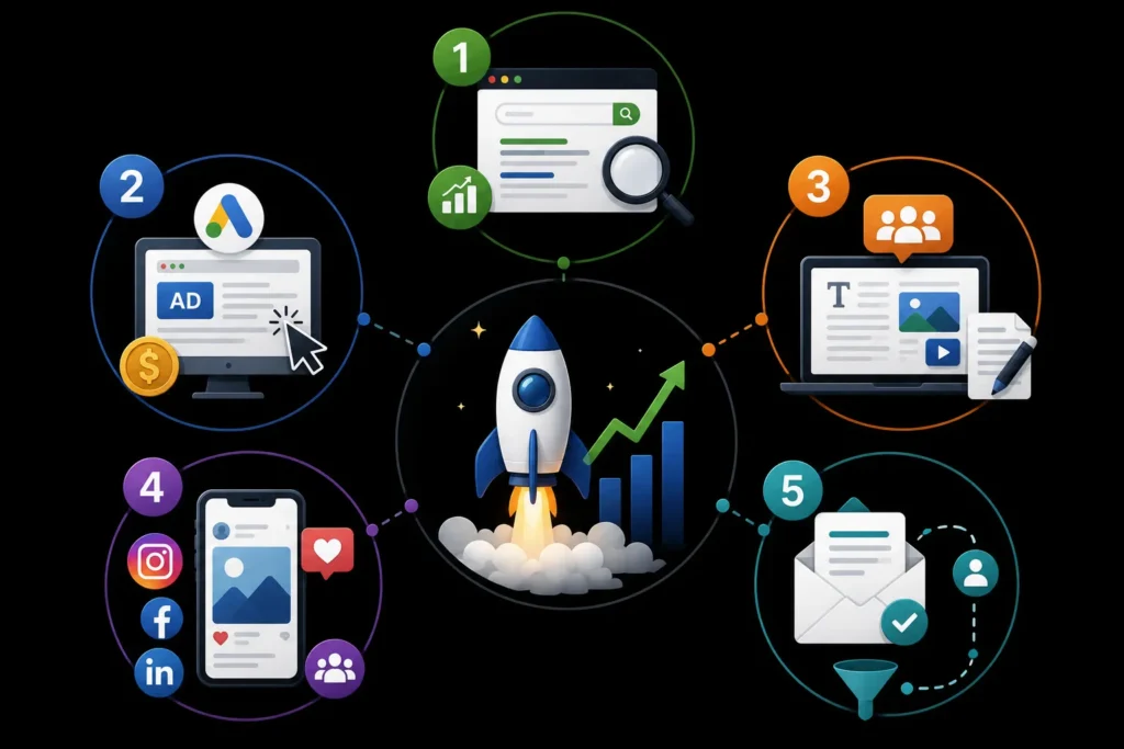 Five digital marketing services for business growth, including SEO, Google Ads, content marketing, social media, and email marketing