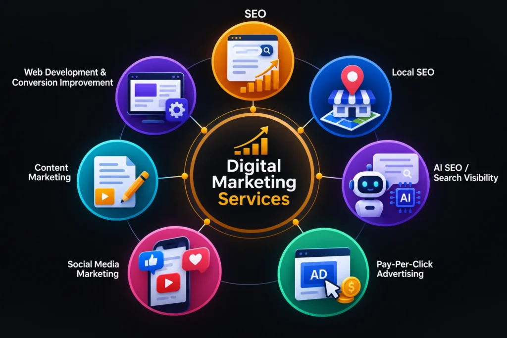 Digital marketing services infographic featuring SEO, local SEO, AI search visibility, pay-per-click advertising, social media marketing, content marketing, and web development.