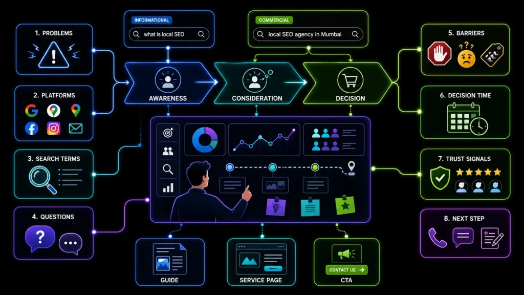 Customer-intent marketing strategy showing problems, platforms, search terms, questions, barriers, decision time, trust signals and next actions.