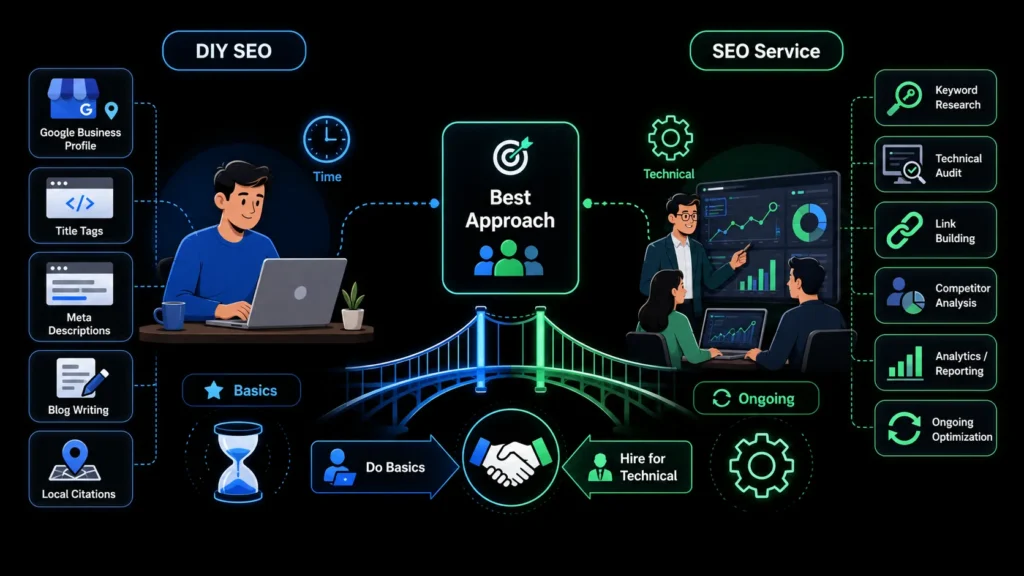 DIY SEO vs hiring an SEO service, comparing basic tasks such as Google Business Profile optimization and content writing with technical audits, link building and ongoing SEO.