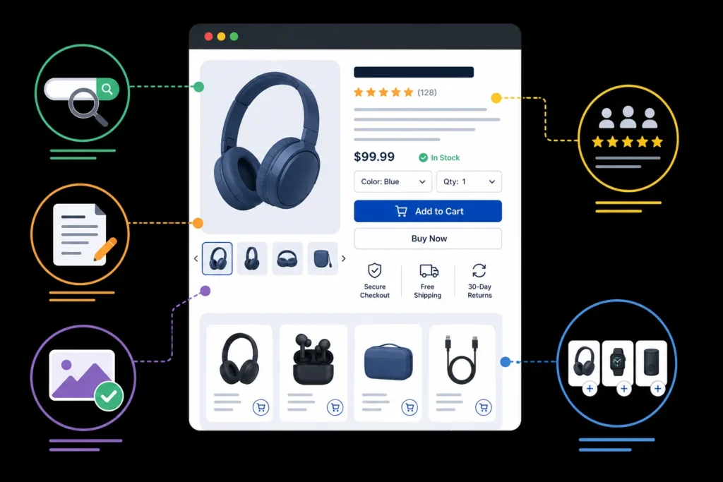 Ecommerce product page optimization with images, descriptions, customer reviews, related products, secure checkout, and returns
