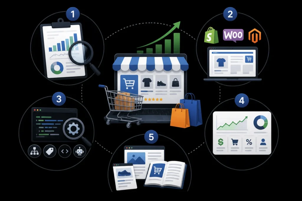 Ecommerce SEO agency services covering audits, platform optimization, technical SEO, analytics, and content strategy