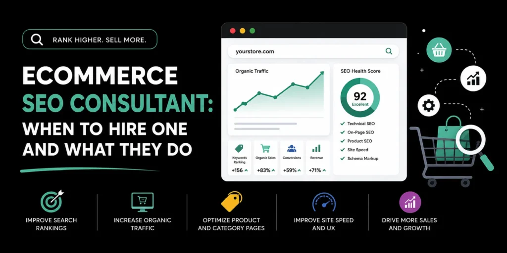 Ecommerce SEO consultant guide showing improved rankings, organic traffic, product page optimization, site speed, conversions and sales growth.
