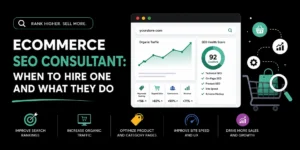 Ecommerce SEO consultant guide showing improved rankings, organic traffic, product page optimization, site speed, conversions and sales growth.