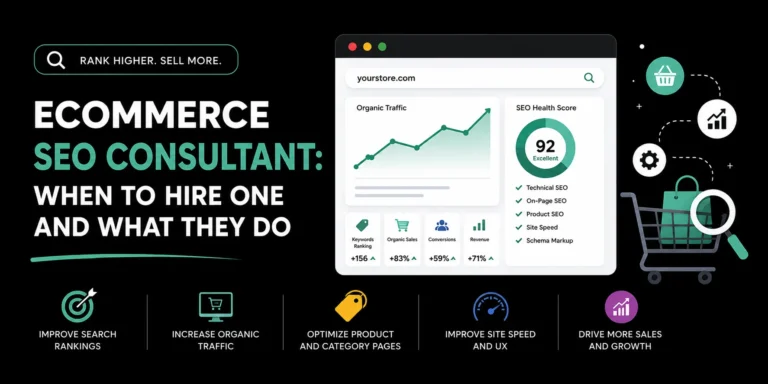 Ecommerce SEO consultant guide showing improved rankings, organic traffic, product page optimization, site speed, conversions and sales growth.