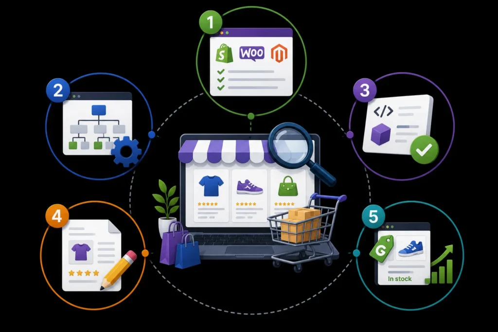 Ecommerce SEO strategy covering platform audit, site structure, technical SEO, product page optimization, and inventory growth