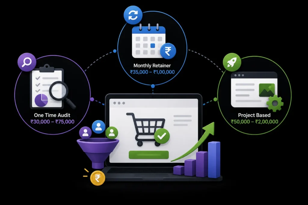 Ecommerce SEO service pricing for one-time audits, monthly retainers, and project-based campaigns in India
