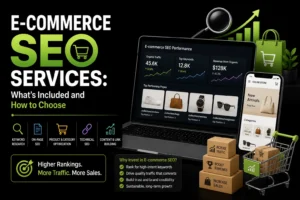 E-commerce SEO services covering keyword research, product and category optimization, technical SEO, content, and link building.