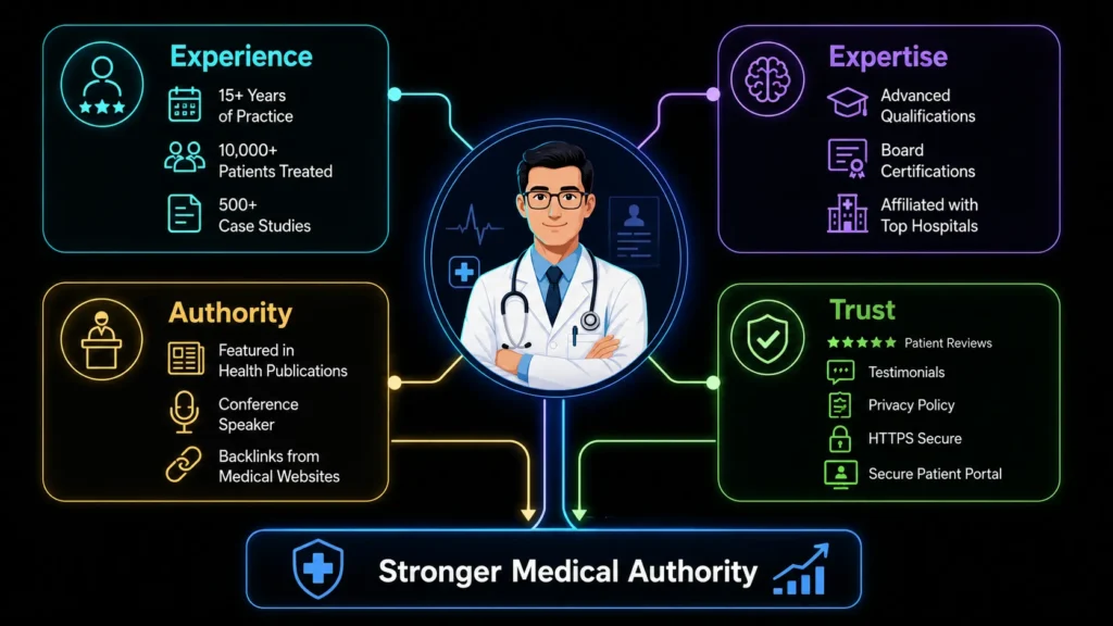 E-E-A-T signals for doctors showing medical experience, expertise, authority, trust, qualifications, reviews, and website security