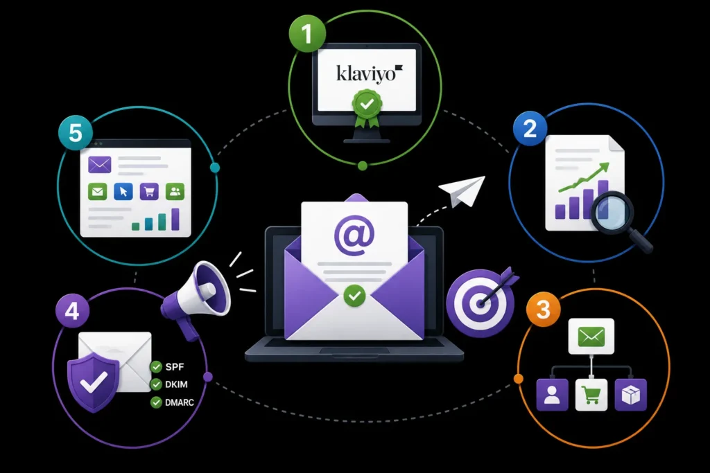 Email marketing campaign strategy covering platform setup, performance analysis, audience segmentation, authentication, and reporting