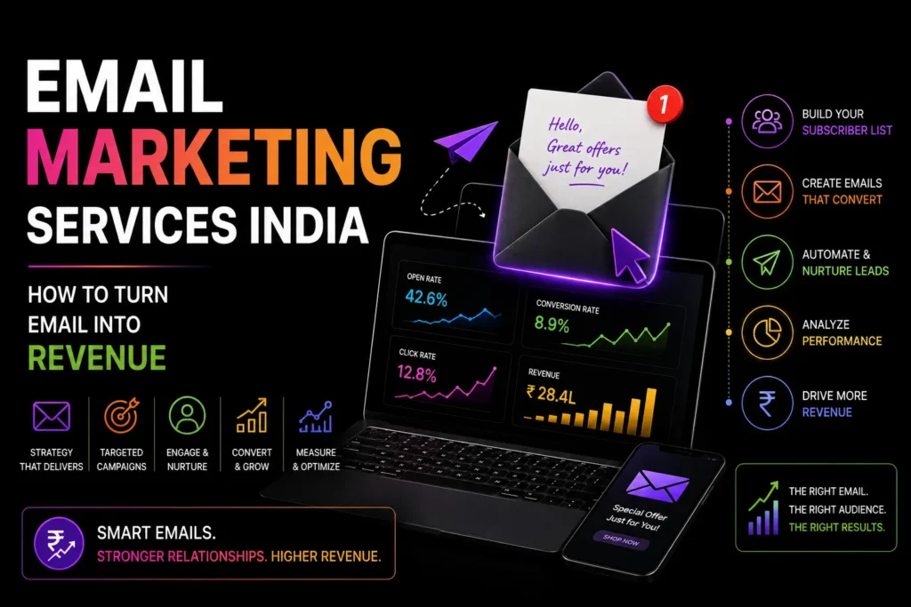 Email marketing services in India for building subscriber lists, automating campaigns, nurturing leads, and increasing revenue