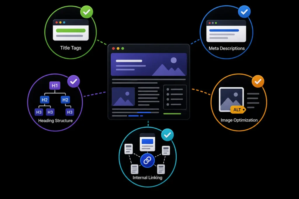 Essential on-page SEO elements, including title tags, meta descriptions, heading structure, image optimization, and internal linking