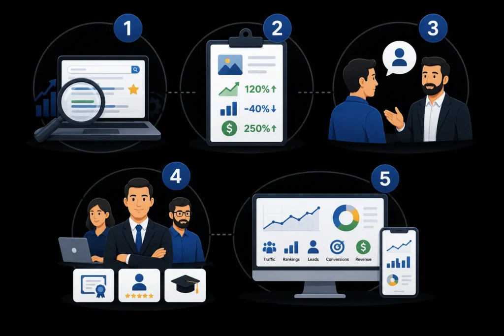 Five-step process to evaluate digital marketing companies in India using performance, case studies, client feedback, team expertise, and reporting