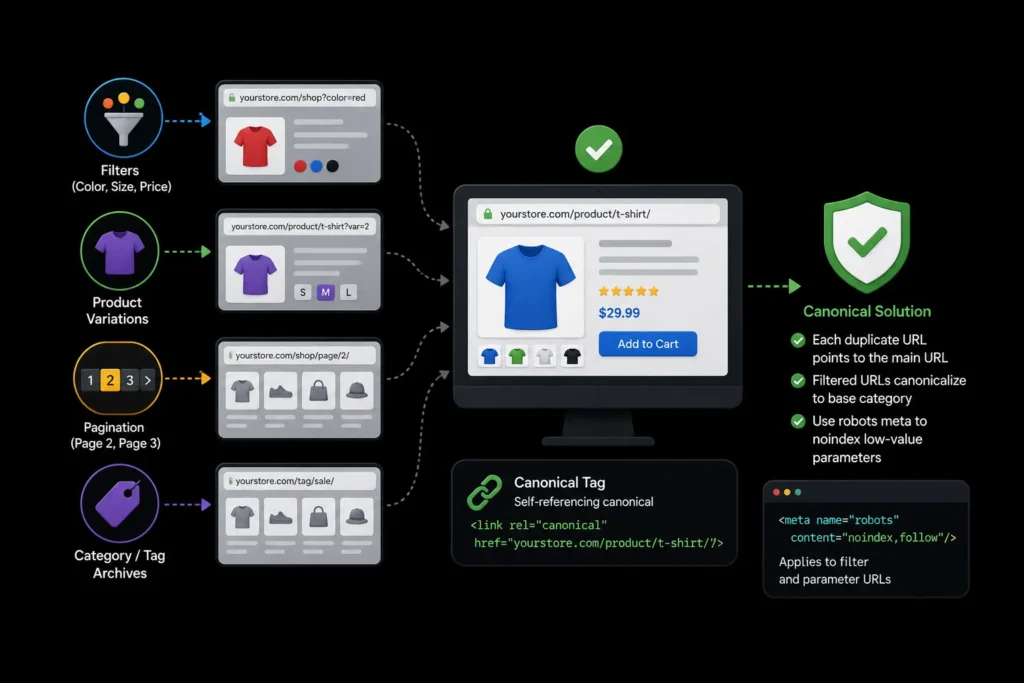WooCommerce duplicate content solutions for filters, product variations, pagination and category archives using canonical tags and noindex directives.