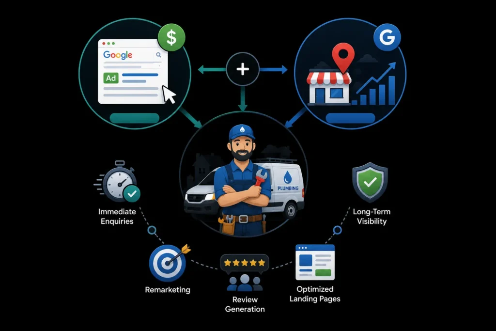 Google Ads and Local SEO strategy for plumbers to generate immediate enquiries and long-term visibility