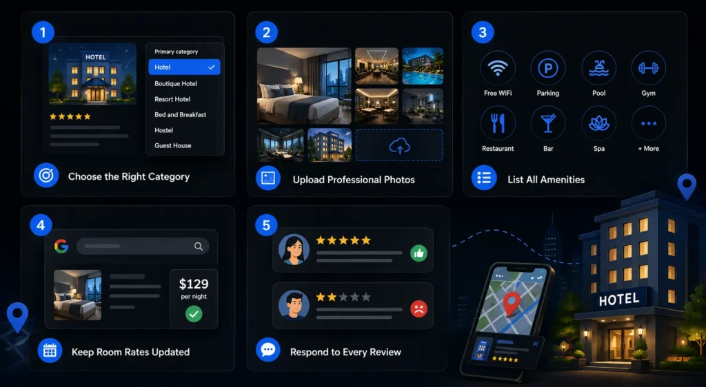 Hotel Google Business Profile optimization infographic showing category selection, professional photos, amenities, room rates, customer reviews, and local search optimization.