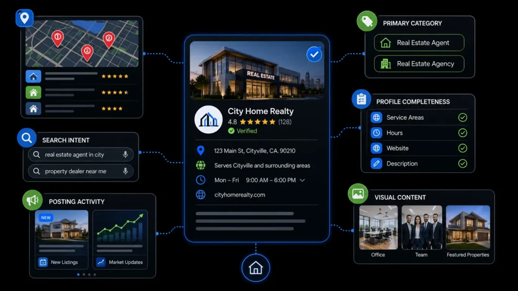 Google Business Profile optimization for real estate showing local rankings, business categories, completed profile details, property photos and regular listing updates.