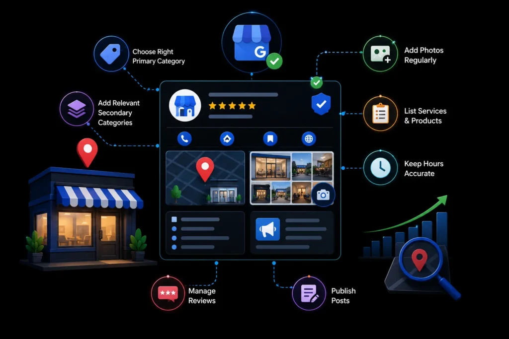 Google Business Profile optimization for small businesses covering categories, photos, services, business hours, reviews and regular posts.