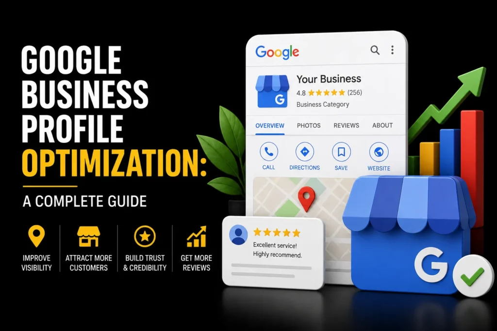 Google Business Profile optimization illustration showing Google Business listing, local map visibility, customer reviews, business profile optimization, and local SEO growth.