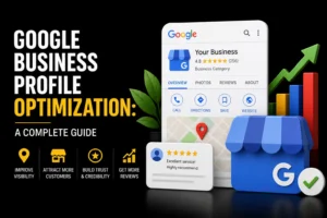 Google Business Profile optimization illustration showing Google Business listing, local map visibility, customer reviews, business profile optimization, and local SEO growth.