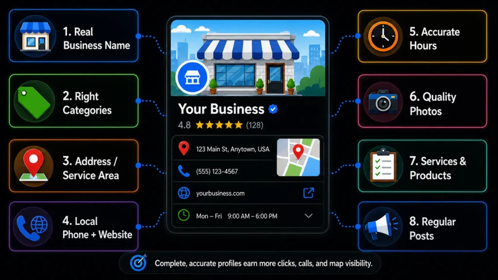 Google Business Profile optimization infographic showing business name, categories, address, phone, website, hours, photos, services, products, and regular posts.