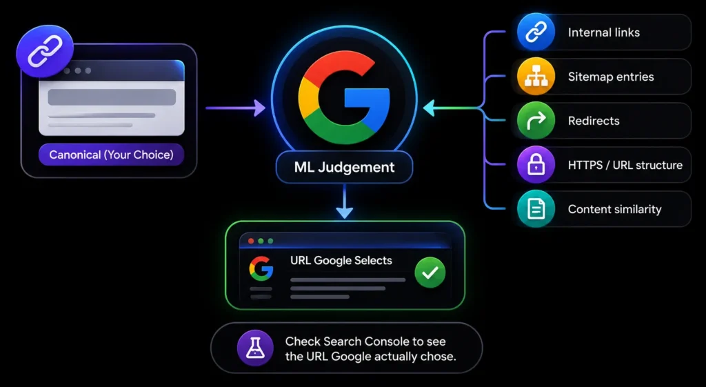 How Google chooses a canonical URL when signals disagree using internal links, sitemaps, redirects, HTTPS, URL structure, and content similarity