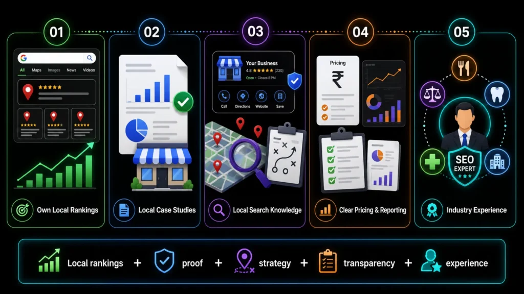 Five factors for choosing a local SEO provider, including local rankings, case studies, search knowledge, transparent pricing, and industry experience