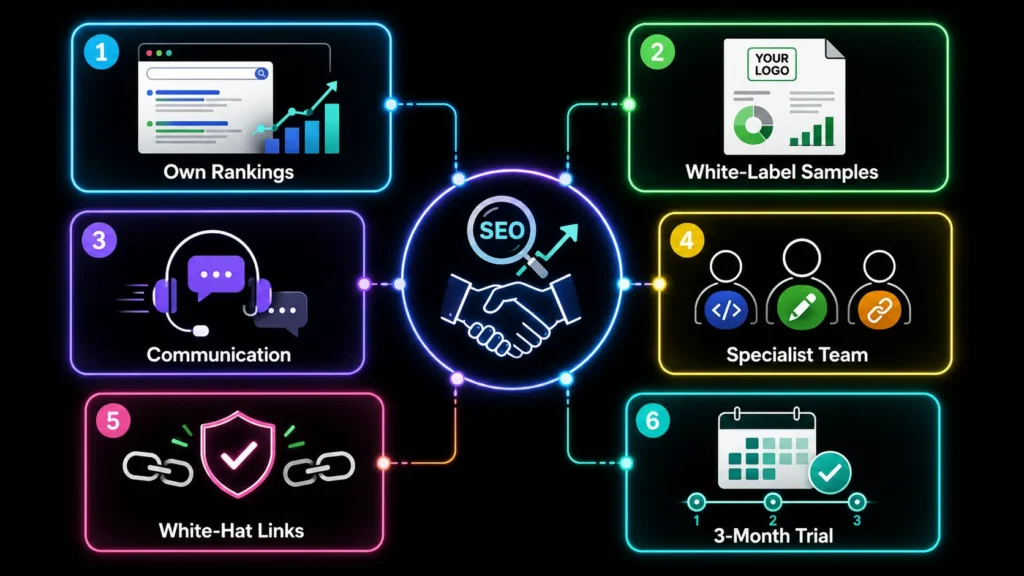 Six factors for choosing a white label SEO provider, including rankings, report samples, communication, specialists, white-hat links, and a trial period