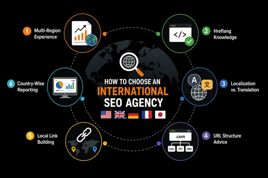 How to choose an international SEO agency based on multi-region experience, hreflang knowledge, localization, URL structure, link building, and reporting.