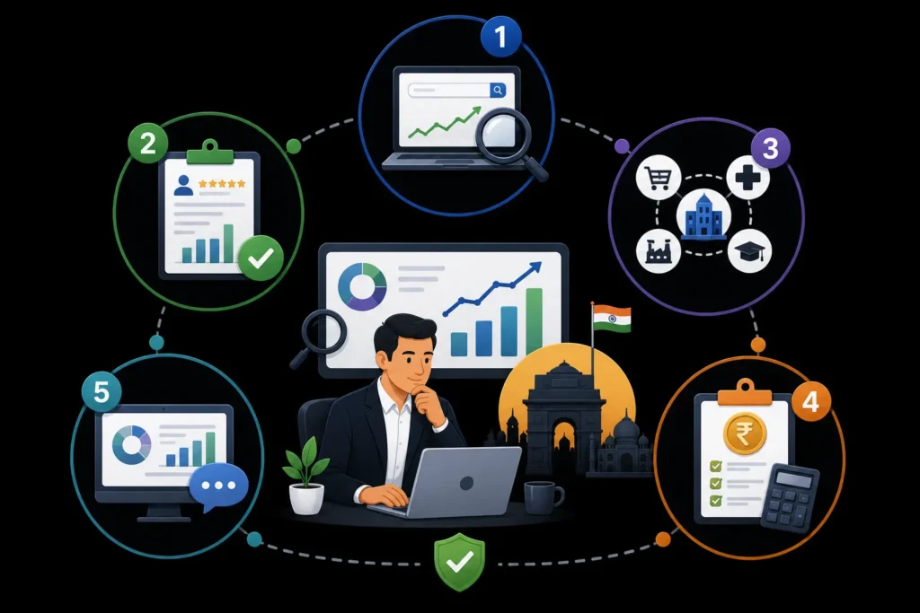 Five-step process for choosing a digital marketing company in India based on research, experience, services, pricing, and reporting