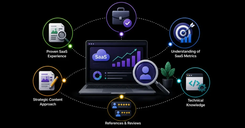 How to choose the right SaaS SEO consultant based on proven experience, SaaS metrics knowledge, technical expertise, content strategy, and client reviews