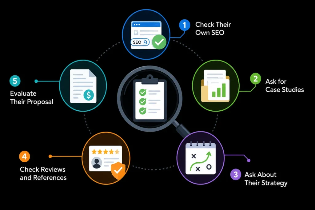 Five-step checklist for evaluating an SEO company before hiring, including SEO performance, case studies, strategy, reviews, and proposal
