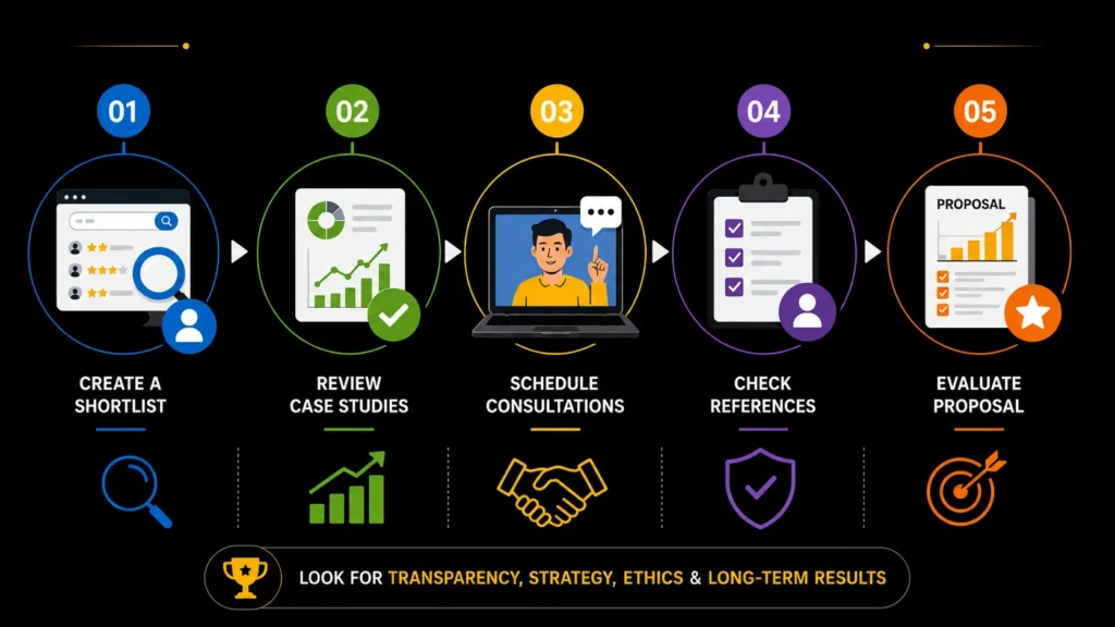 Five steps to evaluate the best SEO experts in India through shortlisting, case studies, consultations, references, and proposal review