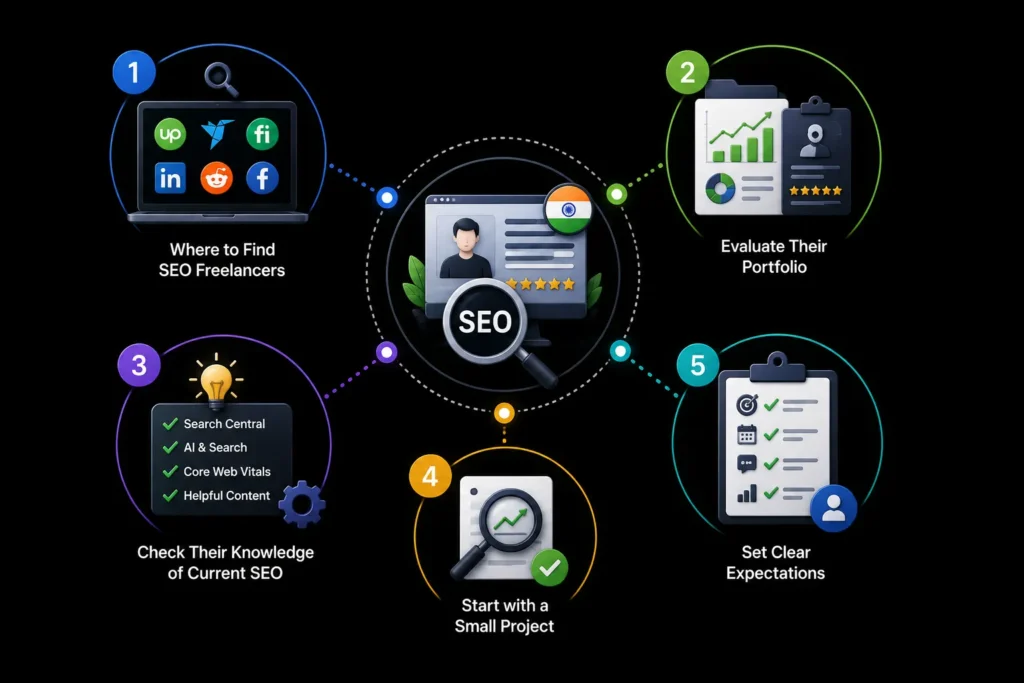 Five-step process to find and hire an SEO freelancer in India, including portfolio evaluation, SEO knowledge checks, trial projects, and clear expectations