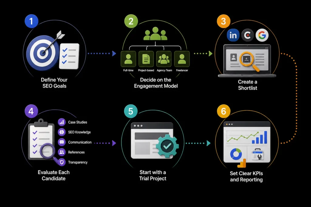 Step-by-step process to hire SEO experts from India, from defining goals and choosing an engagement model to setting KPIs