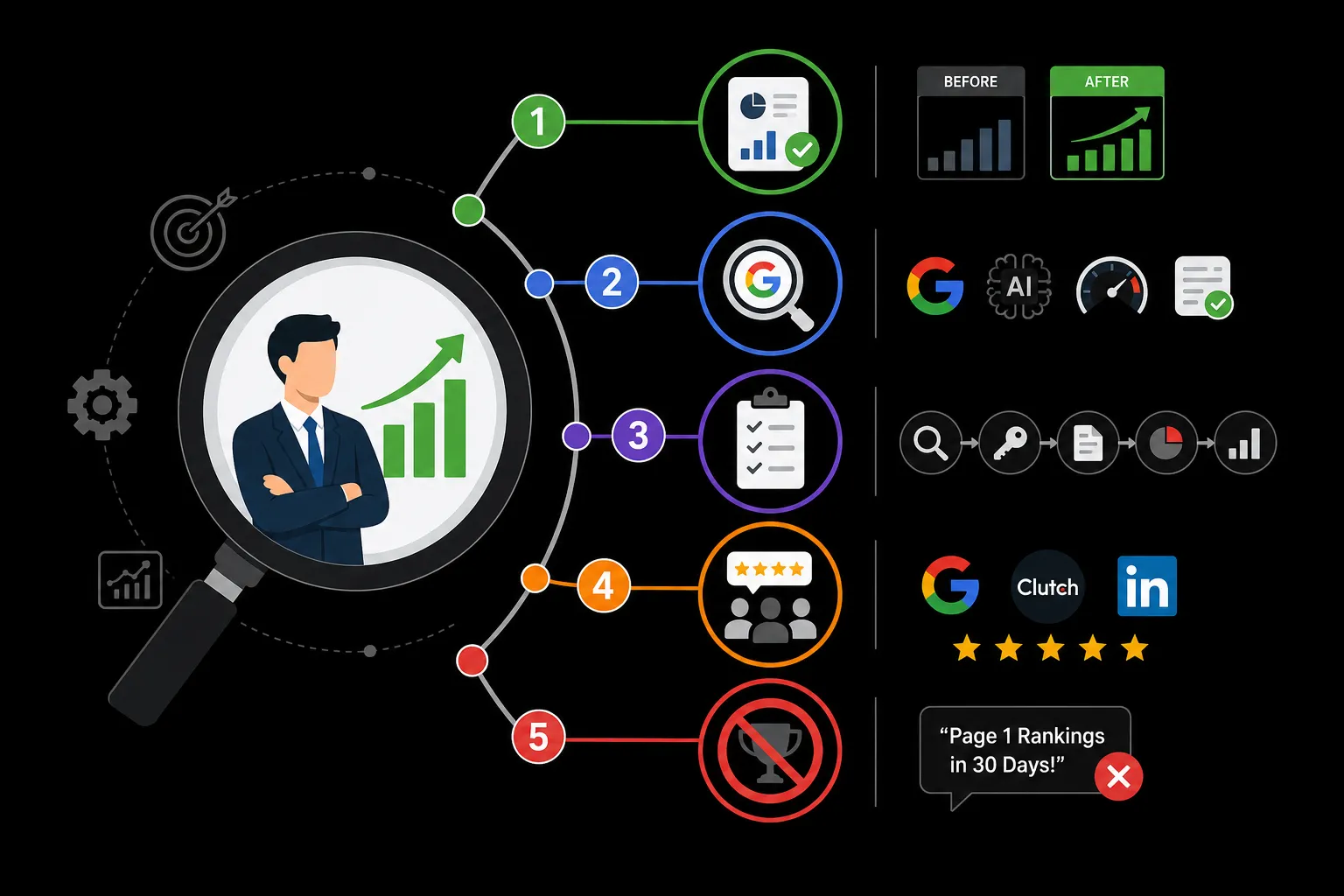 Five steps to identify the best SEO consultant in India based on results, expertise, process, reviews, and ethical practices