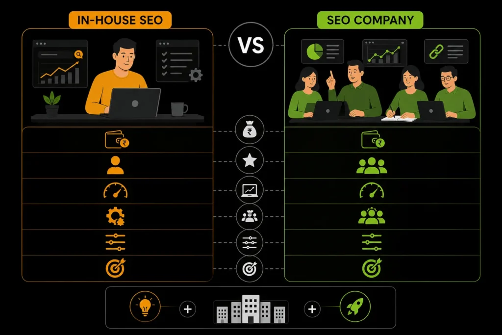 In-house SEO specialist versus SEO company comparison based on cost, expertise, speed, resources, control, and business growth