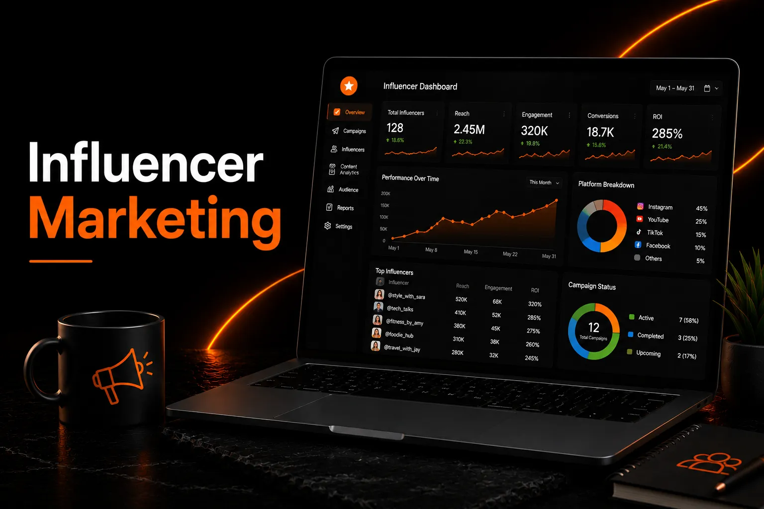 Influencer marketing analytics dashboard displayed on a laptop with a premium black and orange background